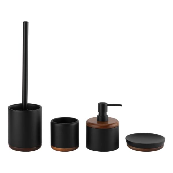Round Shape Black Polyresin Bathroom Accessories Polyresin Soap Dispenser With Acacia Wood Top