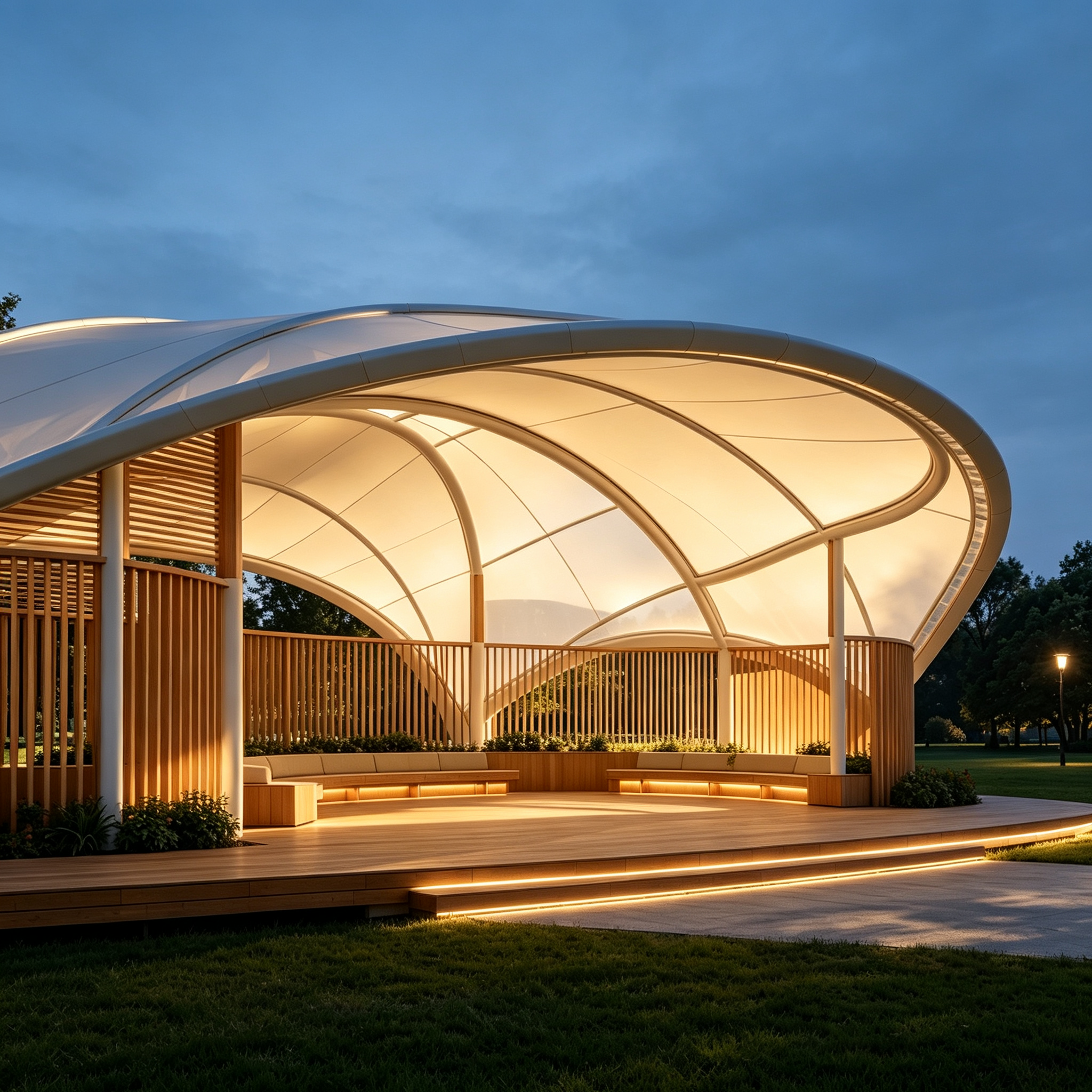 Custom Stainless Steel Tensile Membrane Pavilion with High-Performance PVDF Canopy for Multifunctional Public Spaces