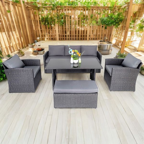 Set of 5 Big Size Outdoor Patio Garden Dining Table and Chairs Terrace Rattan Seating Casual Terrace Furniture