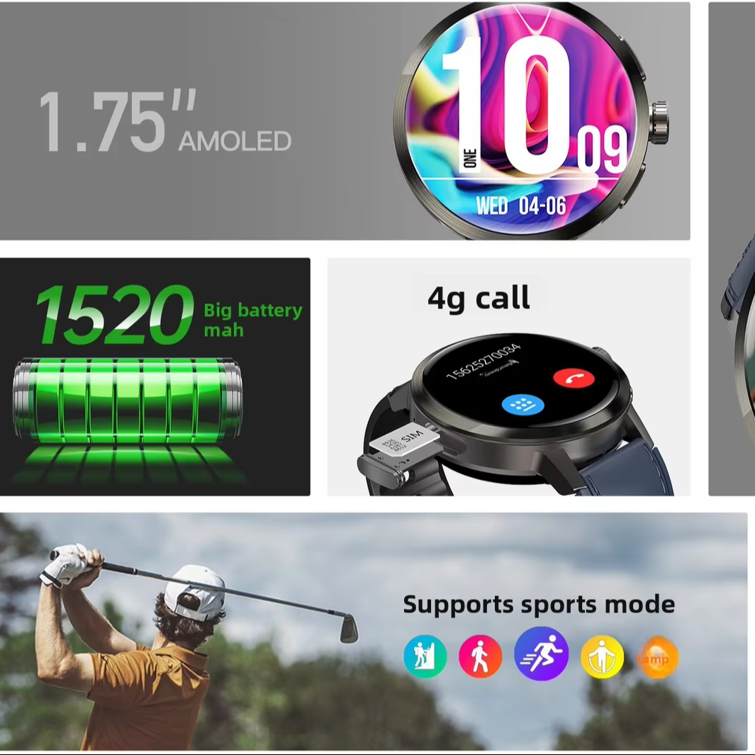 Global Unisex Smart Watch SIM Card 1.75AMOLED Screen Heart Rate Sleep Blood Oxygen Monitoring Social Entertainment