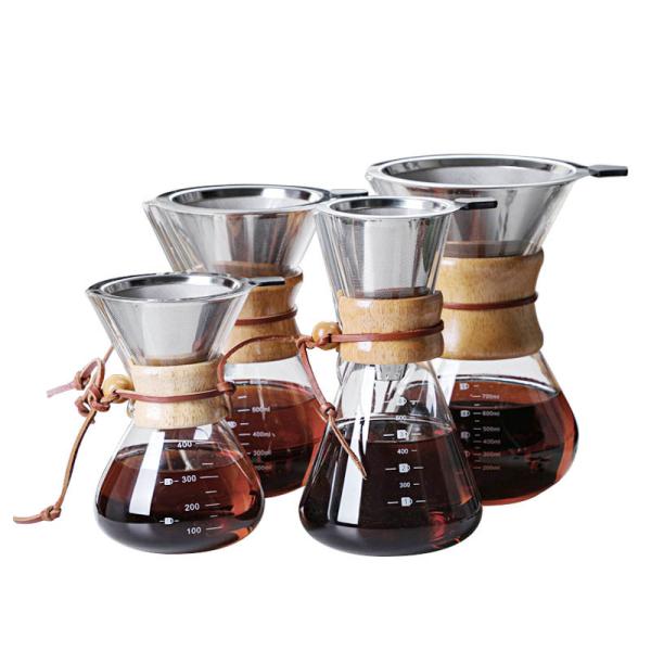 B2B 400 ml de vidrio personalizado vertido sobre la cervecera de caféFiltro de acero inoxidable y manga de maderaCamping cervecera