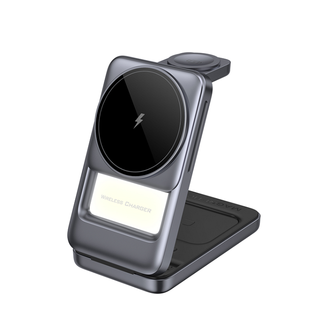 Foldable 3-in-1 Wireless Charger,Blue/Gray, Silver/Gray, Plastic+Metal, 15W Phone, 2.5W Watch, 5W Earbuds, Night Light