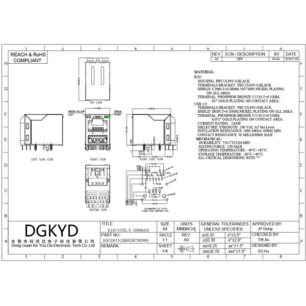 Gigabit RJ45 connector RJ45+USB 2.0 socket with shielding DGKYD611U2Q002DF3WD009