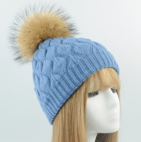 Winter Knitted Real Fur Girls Pom Pom Beanie Hat 100% Acrylic Wool Keep Warm