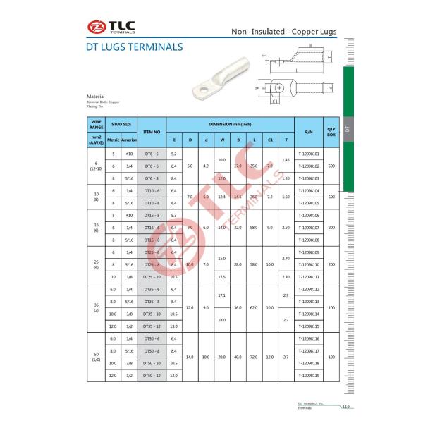 6-50mm2 Silver Cable Lugs DT Lugs Terminals Non Insulated Cable Lugs Long Locking Lugs