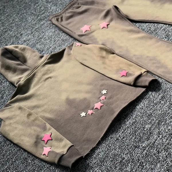 Sweat Suit Supplier Wholesale Men Oversized Brown Sweatsuit Puff Printing Hoodie Custom Logo Heavy Weight Tech Fleece Tracksuit