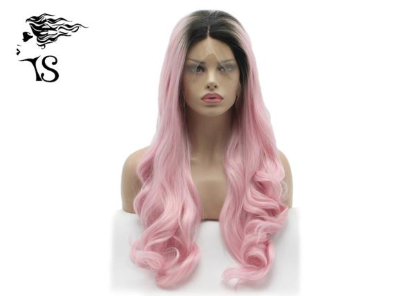 26 inch Wavy Curly Pink Lace Front Wigs Synthetic Hair With Dark Roots For Rupaul