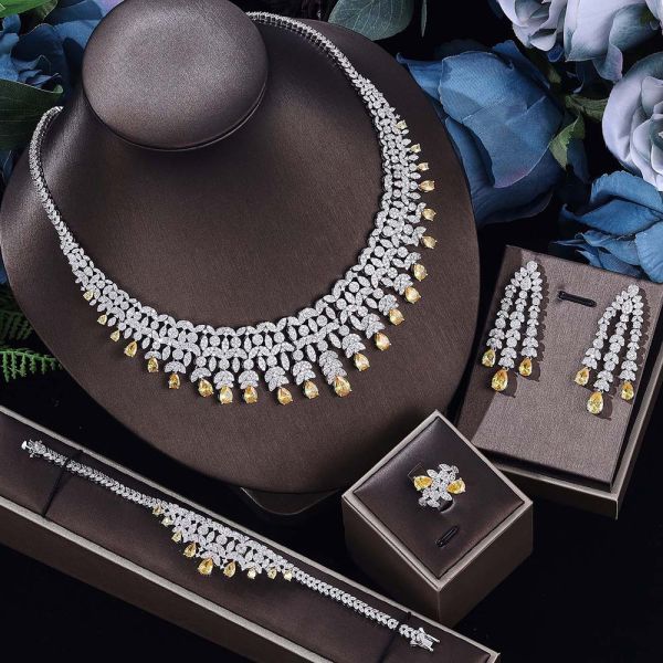 Middle East Dubai Bridal Jewelry Set Necklace Earrings Copper Zircon Plating Gold Factory Wholesale