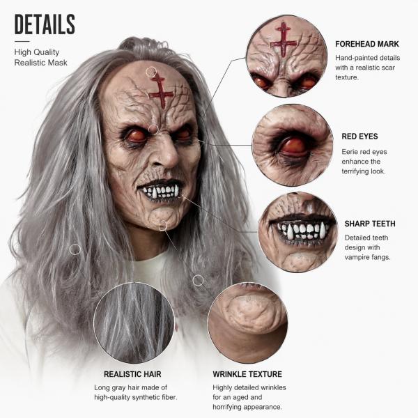 Scary Demonic Elder Zombie Latex Full Head Mask with Gray Hair Wrinkled Rotting Skin Red Glowing Eyes Sharp Horror Teeth Realistic Horror Costume Prop for Halloween Cosplay Party Haunted House