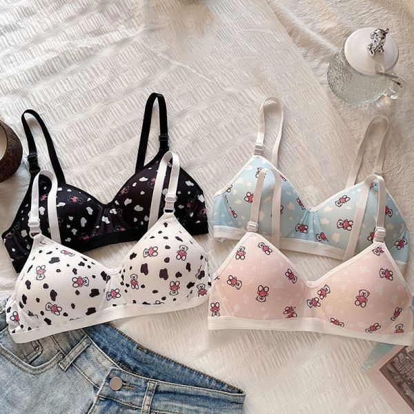 Sweet Cartoon Bear Triangle Cup Underwear for Women With Small Breast Gathered High School Students for Small Breast Slim Girls