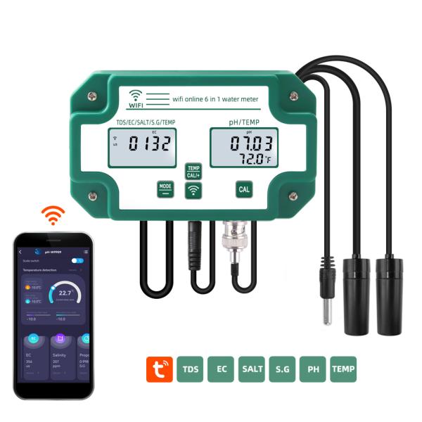 WiFi Enabled 6 In 1 Water Quality Tester Remote Monitor PH / TDS / EC / Salt / S.G / Temp For Aquarium Pool Lab