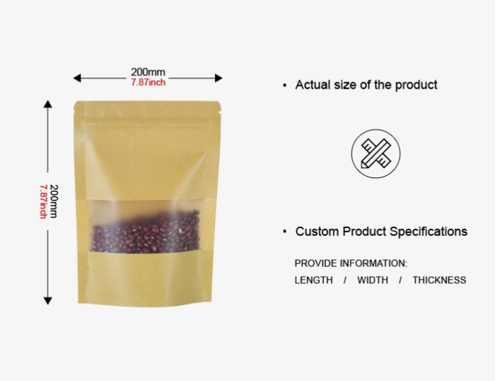 Heat Seal Kraft Paper Ziplock Stand Up Pouch With Clear Window