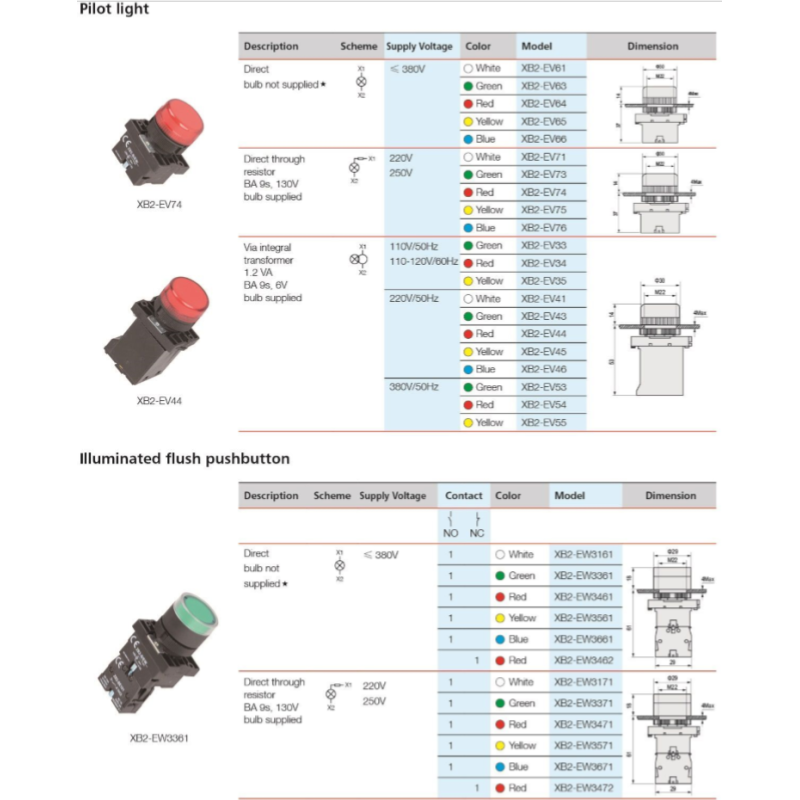 22mm Push Button Momentary Switch XB2-EA31 220 Volt with 10A Max. Current