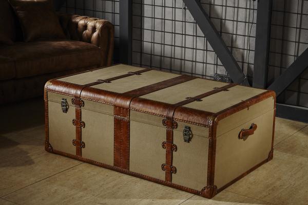 Retro Canvas Lifted Cover Leather Steamer Trunk Coffee Table Copper Nails Decoration