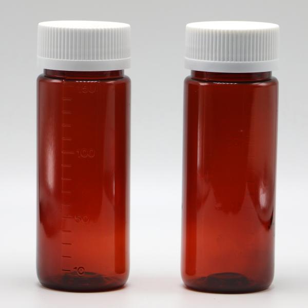 Garrafa de PET marrom de 150 ml para suplementos de plástico líquido e tampas de segurança para crianças