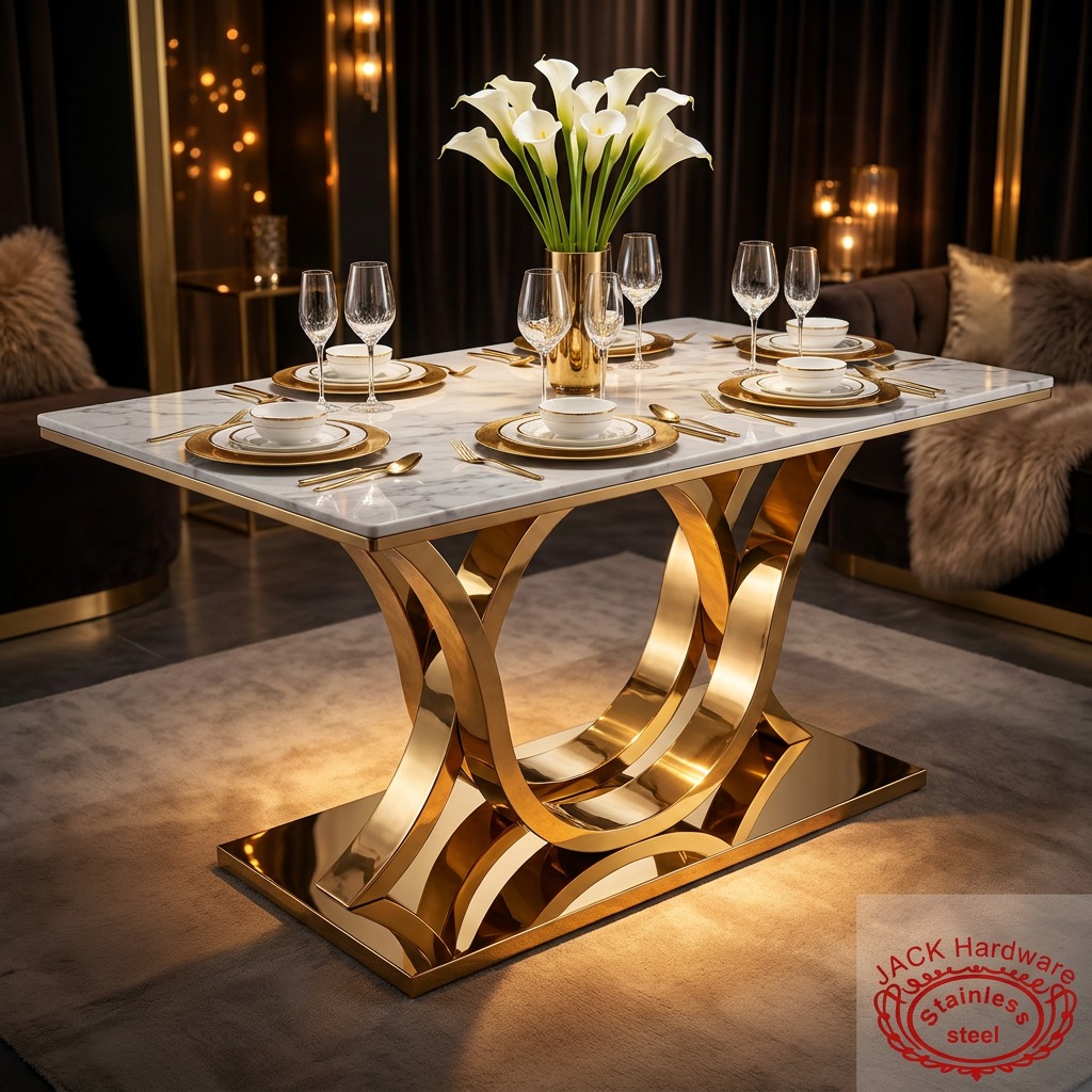 WENDING Gold Wing-and-Ring Sculptural Base Marble Dining Table – Art Object Hotel Table