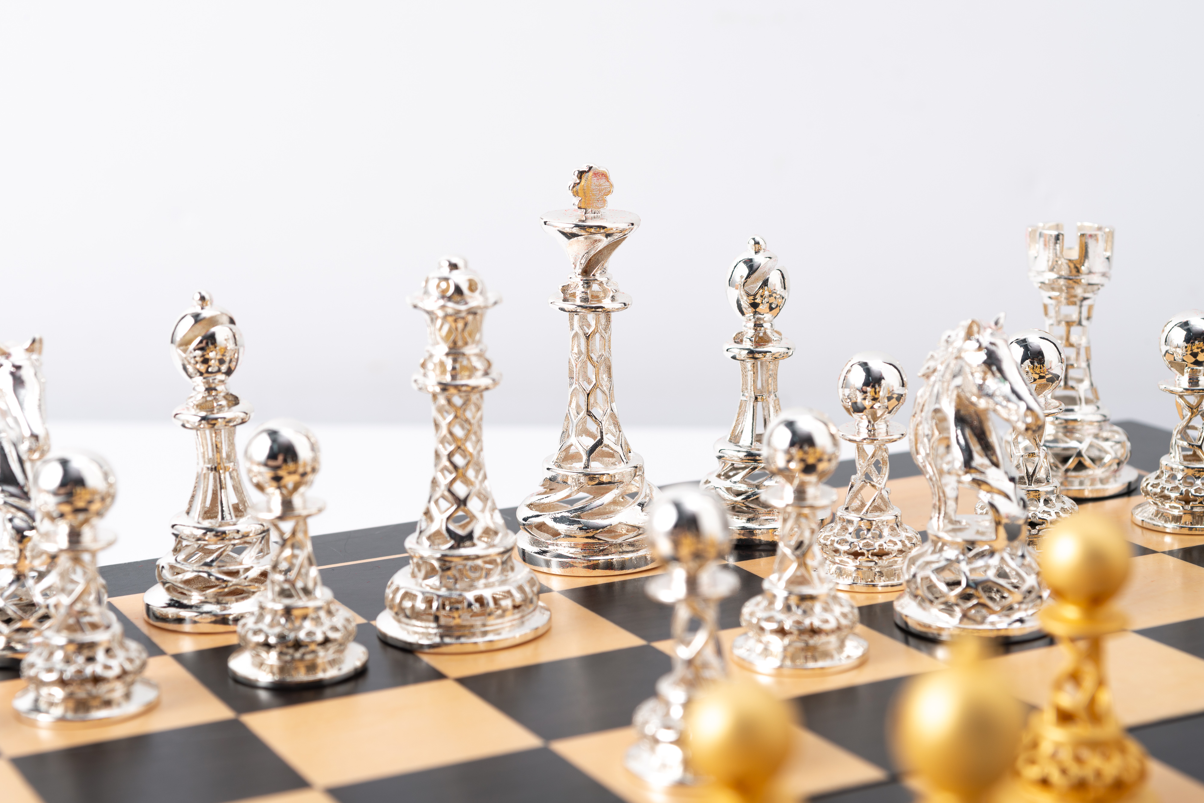 Antique Bronze & Silver Hollow Carved Brass Chess Set for Luxury Tabletop Decor and Tournament Play