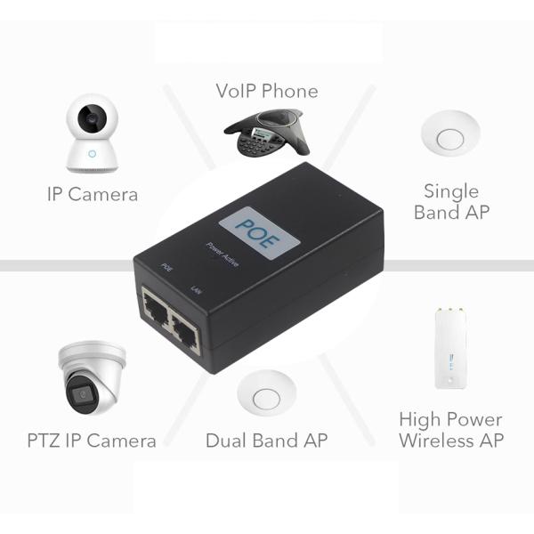 12V 24V 48V Passive POE Injector for IP Cameras 10/100/1000Mbps