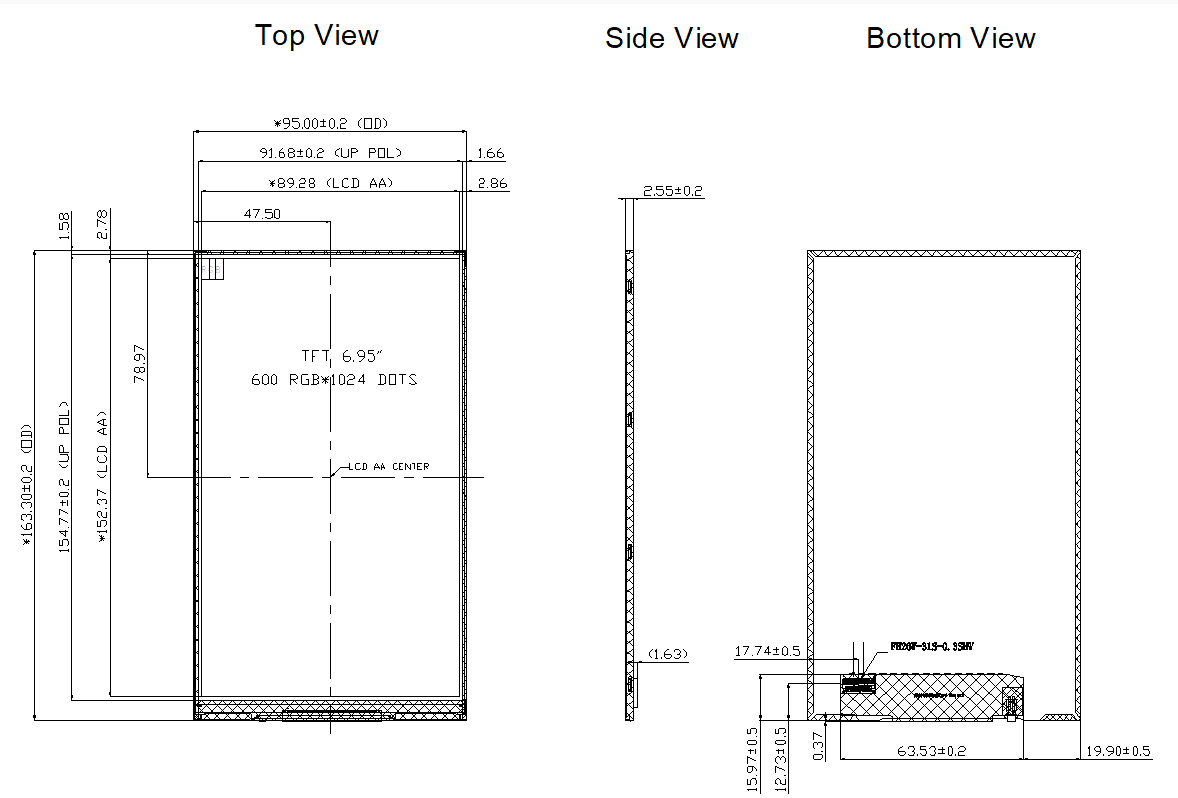 250cd/M2 IPS WS IPS TFT LCD Display 6.95 Inch TFT Capacitive Touchscreen High Resolution