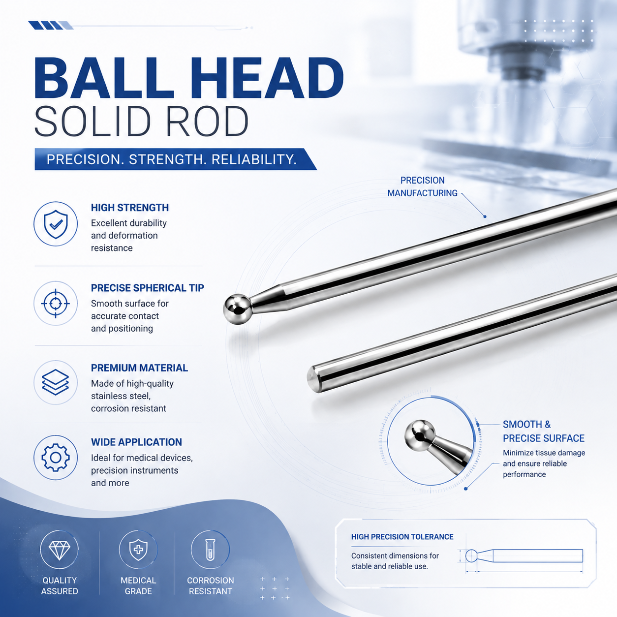 Customized Ball Tip Solid Rod featuring Smooth Ball Head End