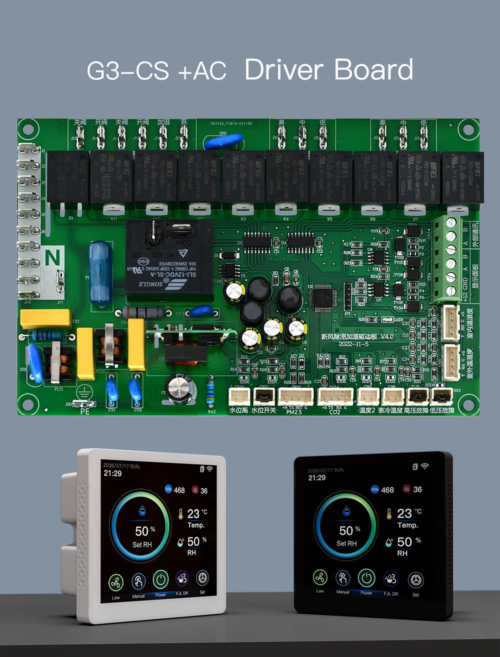 2-in-1 Fresh Air and Dehumidification Smart HVAC Controller with AC EC DC Fan Compatibility and Built-in Temp Humidity PM2.5 CO2 Sensors