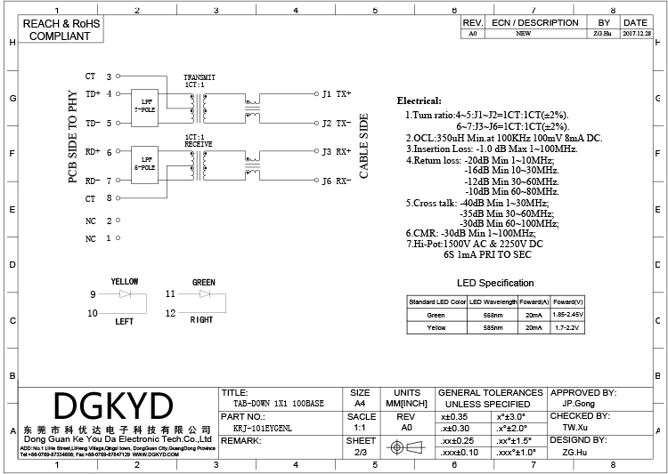Интегрированный магнитный соединитель локальных сетей кота 5e RJ45 с гнездом PCB трансформатора RJ45
