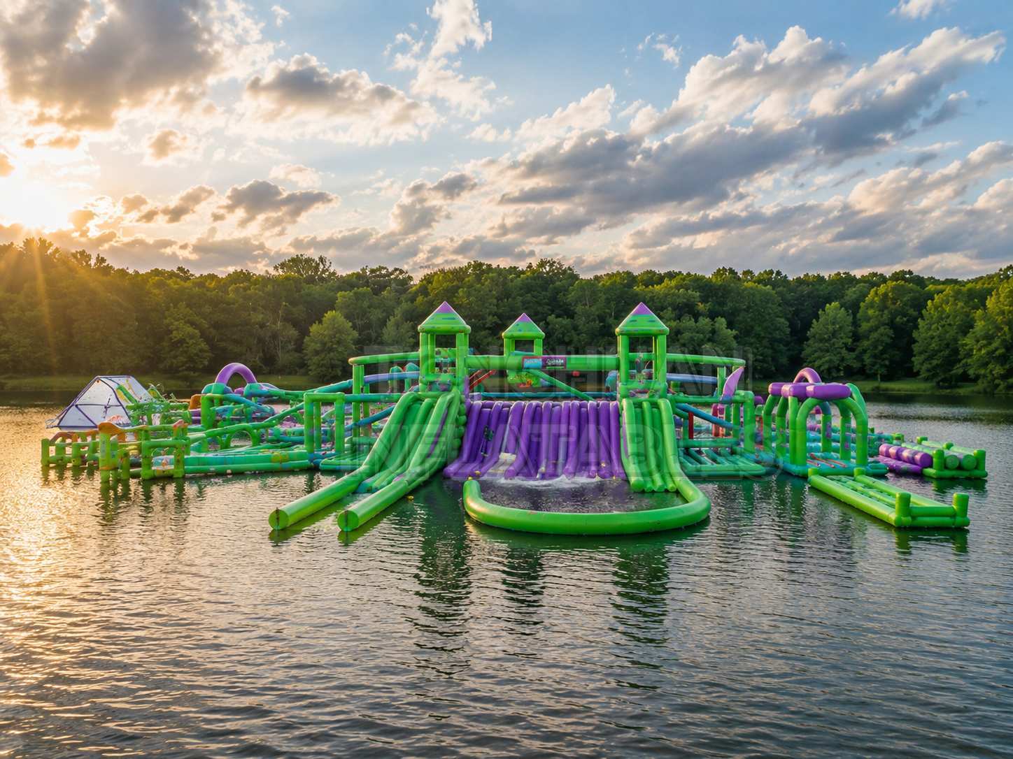 Custom Large Floating Inflatable Water Park with Multi Lane Slides Towers Obstacles and Aqua Playground Modules for Resorts Lakes Camps and Rental Operations