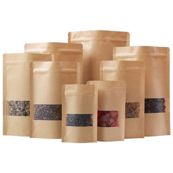 Durable Kraft Paper Stand Up Pouches Odor Barrier Resealable Ziplock Bags Food Grade