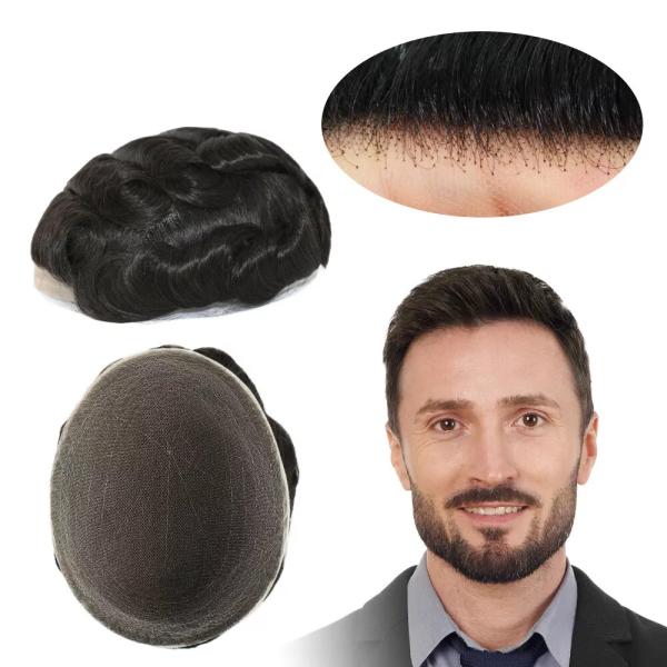 Toupee For Mens Full Lace Human Hair Replecement System Natural Hairpiece 8x10'' Color 1B#