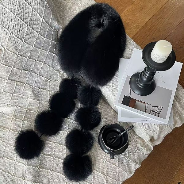 Faux Fox Fur Scarf With Pom-Poms