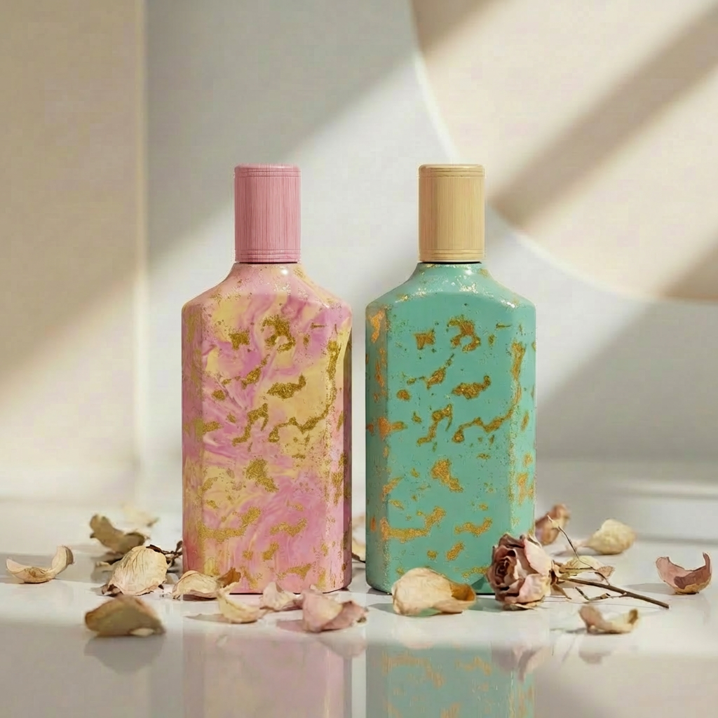 Empty Glass Perfume Bottles 100ml Flat Geometric Crimp Neck Ribbed Cap Spray