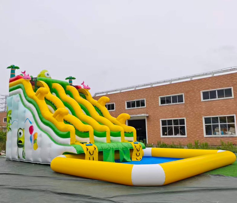 Cartoon Monster University Themed Inflatable Water Slide, Outdoor Tropical Palm Tree Inflatable Waterslide With Splash Pool For Kids Event Business