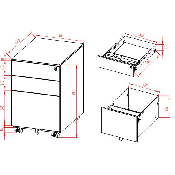 0.7mm Steel Sheet mobile pedestal cabinet With Electronic Lock