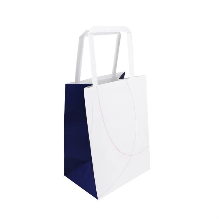 Customized Flat Handle Kraft Paper Bag Grocery Take Away Fast Food White Bag