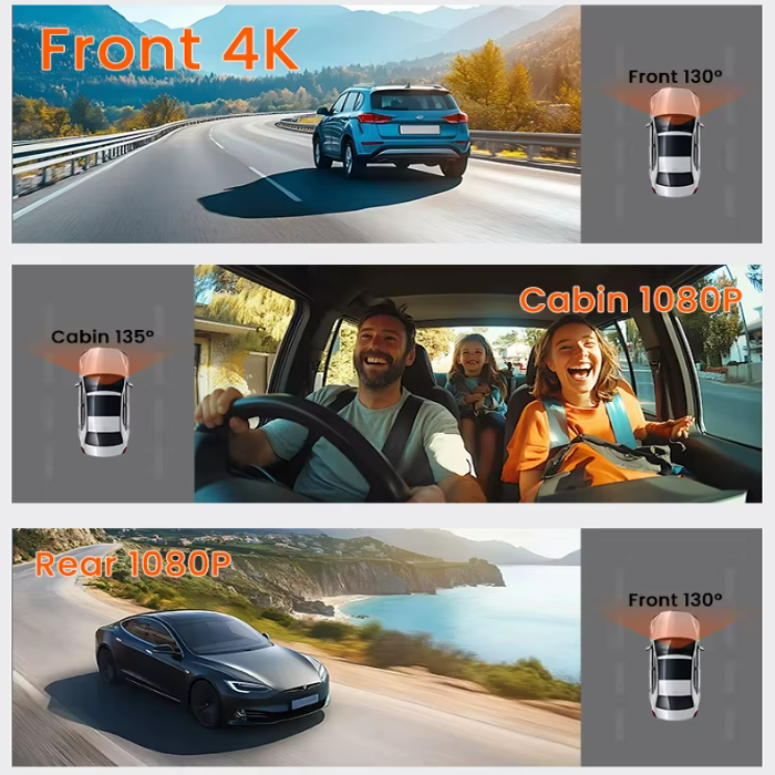 4K Triple Lens Dash Cam With WiFi Car Recorder 1080 Inside Rear Recording