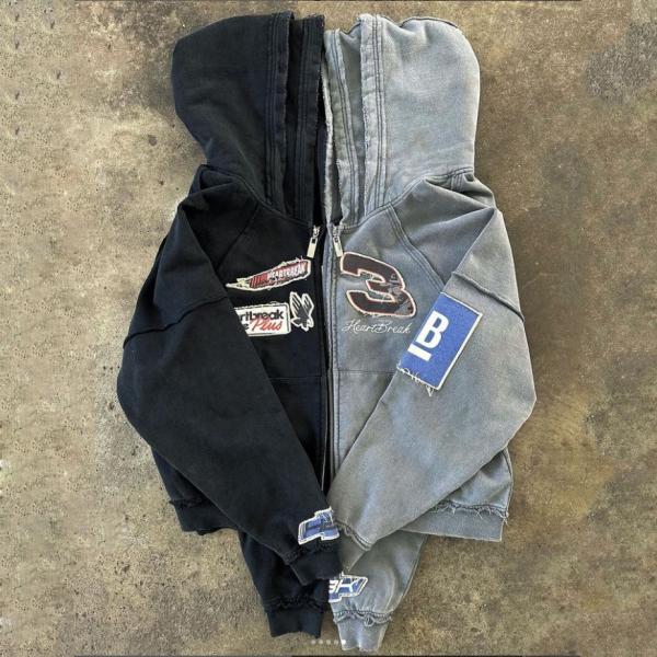 Custom Reversible Stitch Hoodie Applique Distressed Embroidery Stone Wash Oversized Double Hooded Zip Up Hoodie