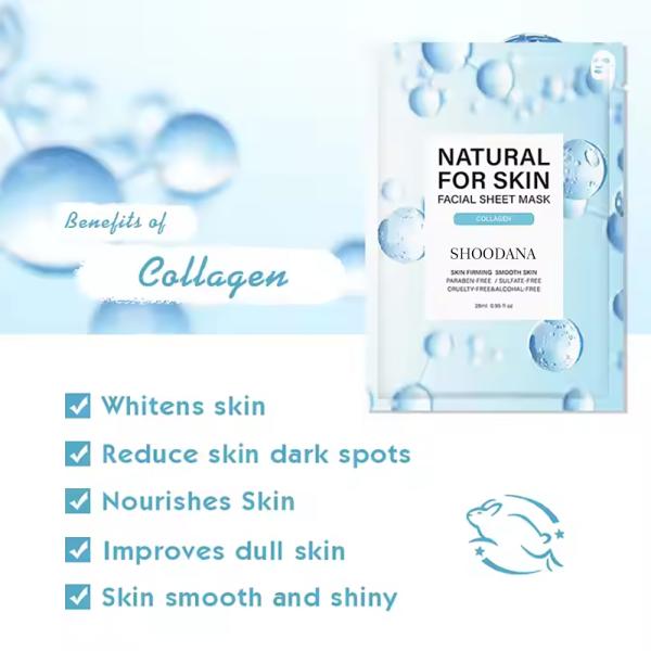 Etiqueta privada de belleza orgánica máscara para el rostro de hoja de vitamina C colágeno infundido máscara para el rostro para la reducción de arrugas antienvejecimiento algodón