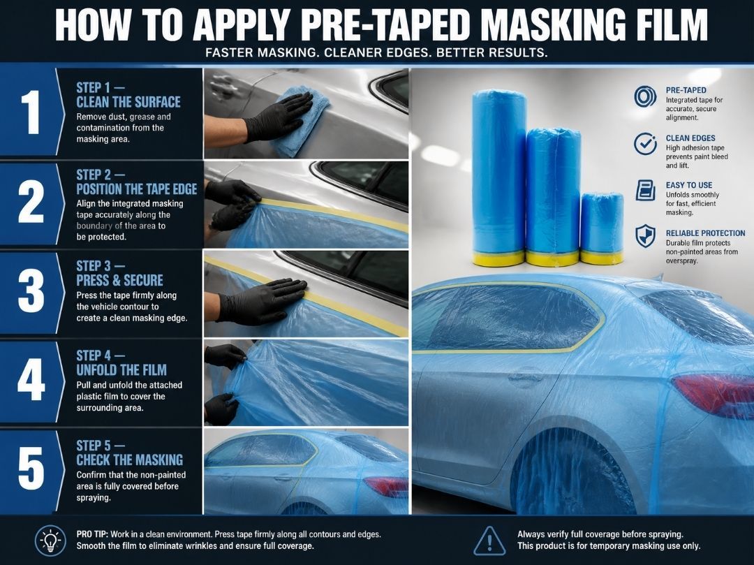 Pre-Taped Masking Film Automotive Car Refinishing Paint Overspray Protection for Body Panels