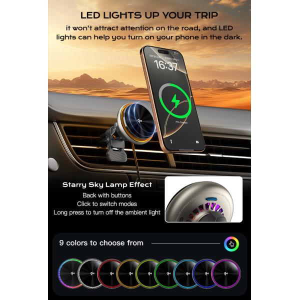 Soporte de carga inalámbrica de automóvil magnético personalizable con iluminación del cielo estrellado y disipación rápida de calor para automóviles