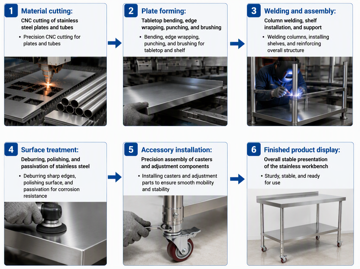 Mobile Stainless Steel Work Table with Adjustable Height and Casters for Commercial Kitchens