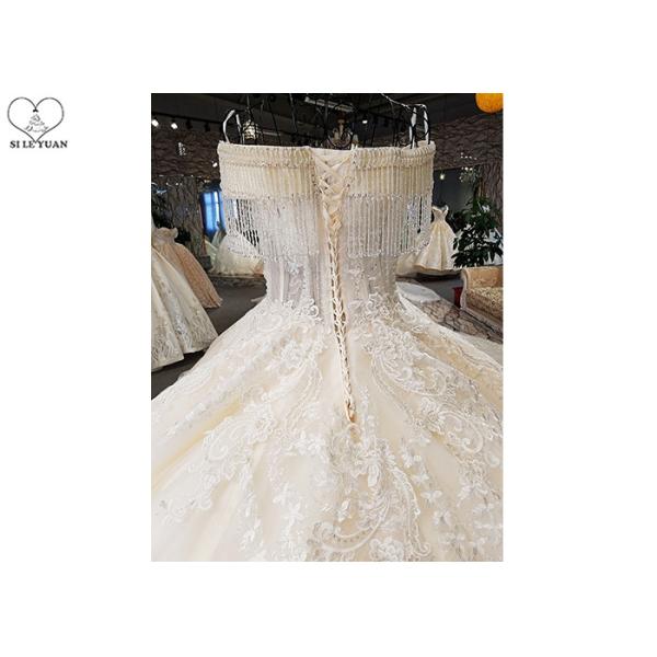 Champagne Off Shoulder Wedding Gown , Big Ball Gown Dresses Beaded Tassels
