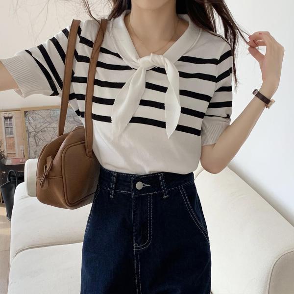 Navy Collar Thin Retro Striped Women Knit Sweater Contrast Color