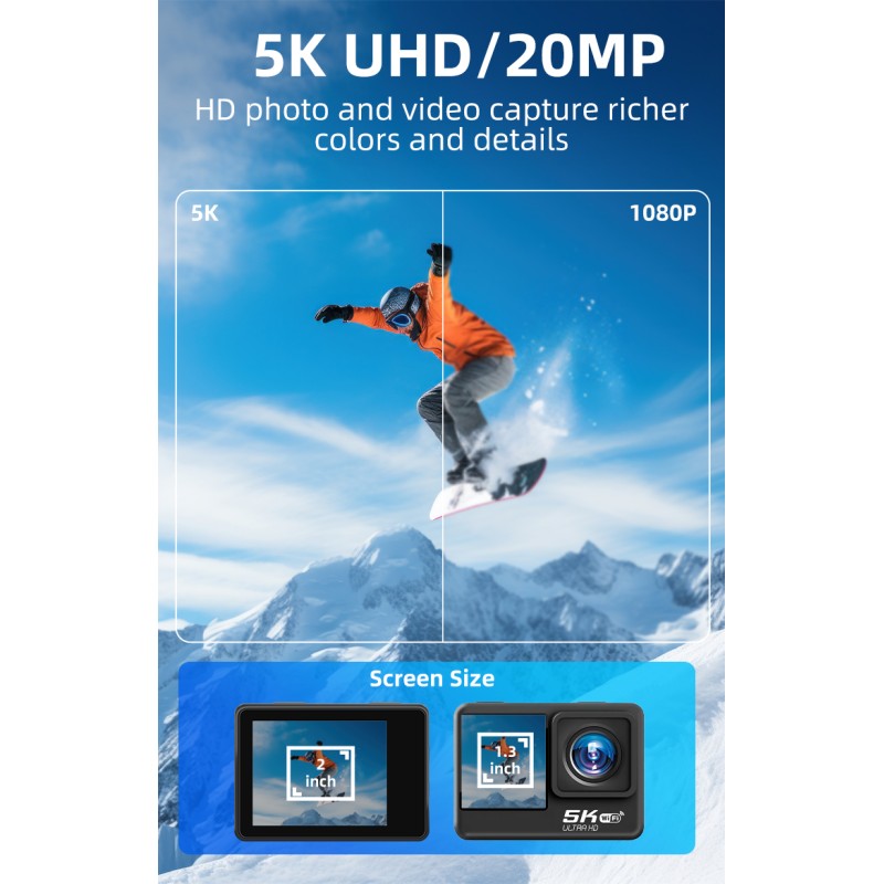 Newest HD 5K Dual Screen Action Sports Camera 30M Waterproof&Anti  Camera with Wifi Sport Camera for Surfing&Diving&Skiing