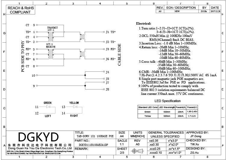 Интегрированная плата Джек Magnetics RJ45 100M вниз с соединителя POE Rj45 сети