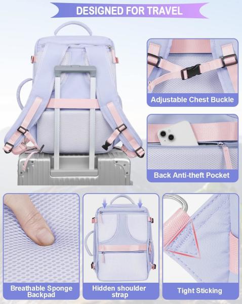 Purple 17.3 inch Laptop Airline Approved Carry On Luggage As Personal Items Weekender Hiking Travel Bag for Women