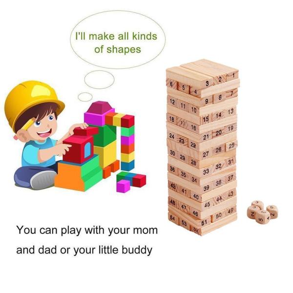 54 Pieces Digital Children'S Stacked Wooden Tumbling Tower Light Brown