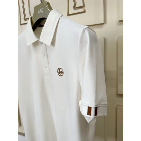 Premium Men Polo Collection | White/Grey/Green Contrast Cuff Trim Exquisite Embroidery
