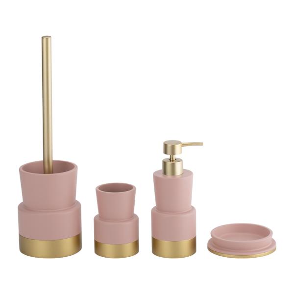 Accessoires de comptoir de salle de bains en polyrésine couleur rose avec pinces de toilette à pas distributeur de savon à main savon à douche