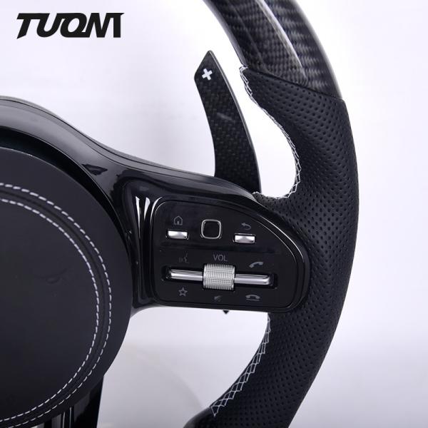 White Stripe Black Perforated Leather Mercedes Steering Wheel Carbon Fiber