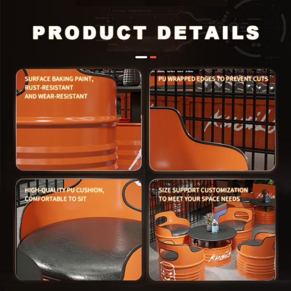 Durable Iron Frame Industrial Bar Furniture with Premium PU Leather and Customizable Colors Oil Drum Table and Chair